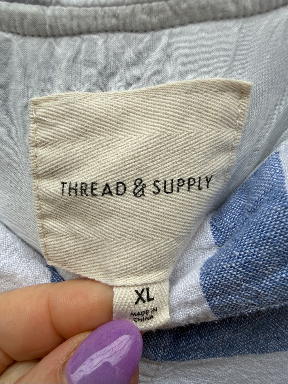 Thread & Supply Linen Blend Blue & White Striped Hooded Pullover Size XL - Picture 3 of 13